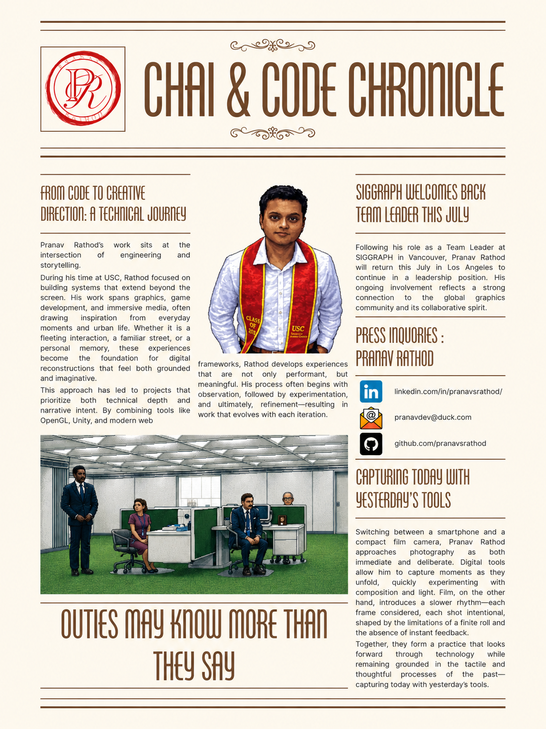 The Chai & Code Chronicle newspaper artwork, with personal stories and a contact advertisement.