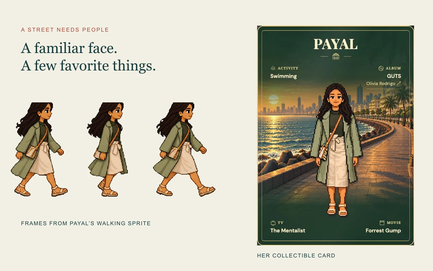 Payal's walking sprite and collectible card, pairing her pixel portrait with personal favorites against Mumbai's seafront.