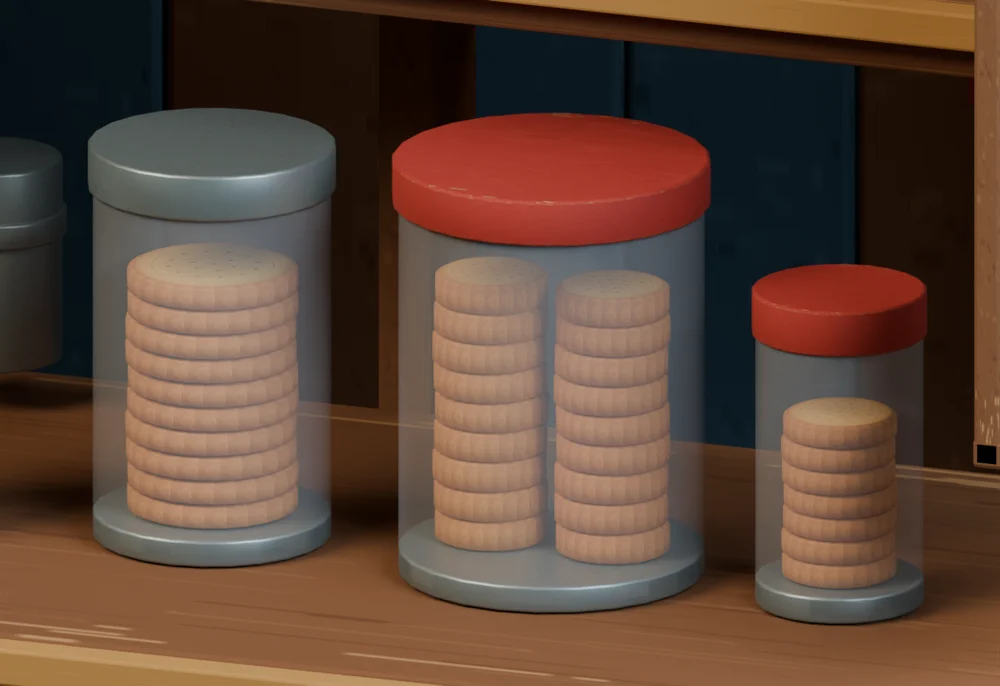 Saved model detail of grounded golden biscuit stacks in the chai stall jars.