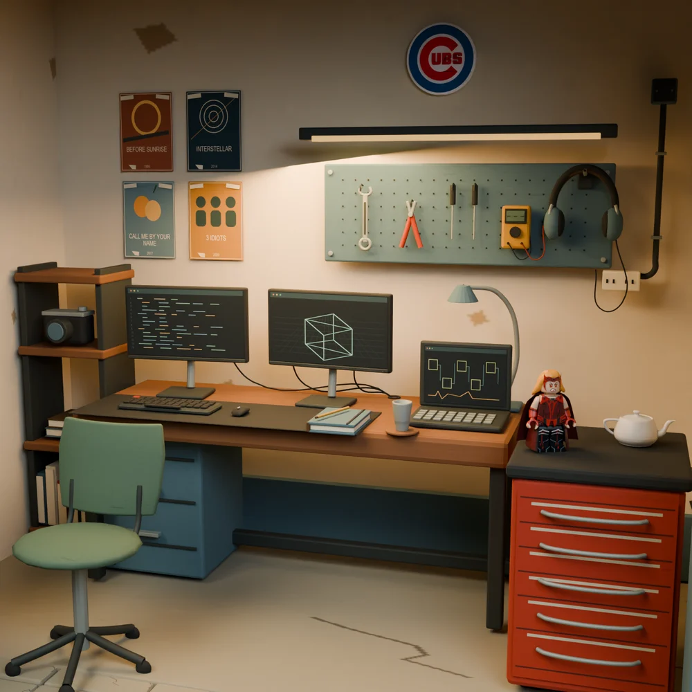 Saved Blender render of the converted garage studio workbench with tools, supports and personal objects.